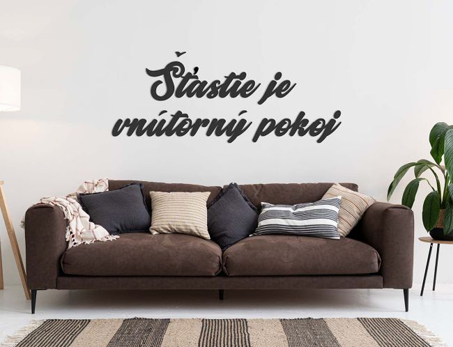 Drevený nápis - Šťastie je vnútorný pokoj - Antracit